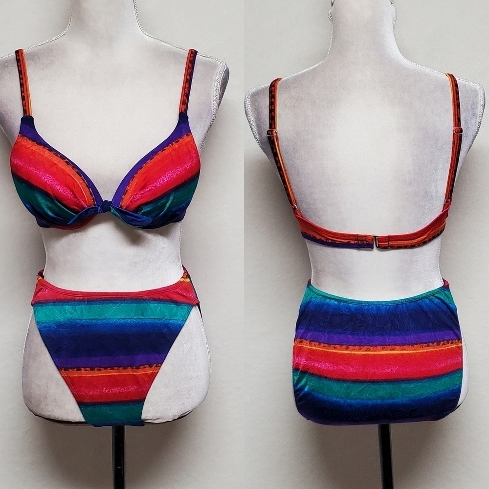Vintage 80s Cazimi Rainbow Sunset Padded Bow Tie High Rise Brazilian Bikini 14